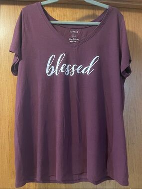 torrid Burgundy V-Neck Tee with "blessed" Script